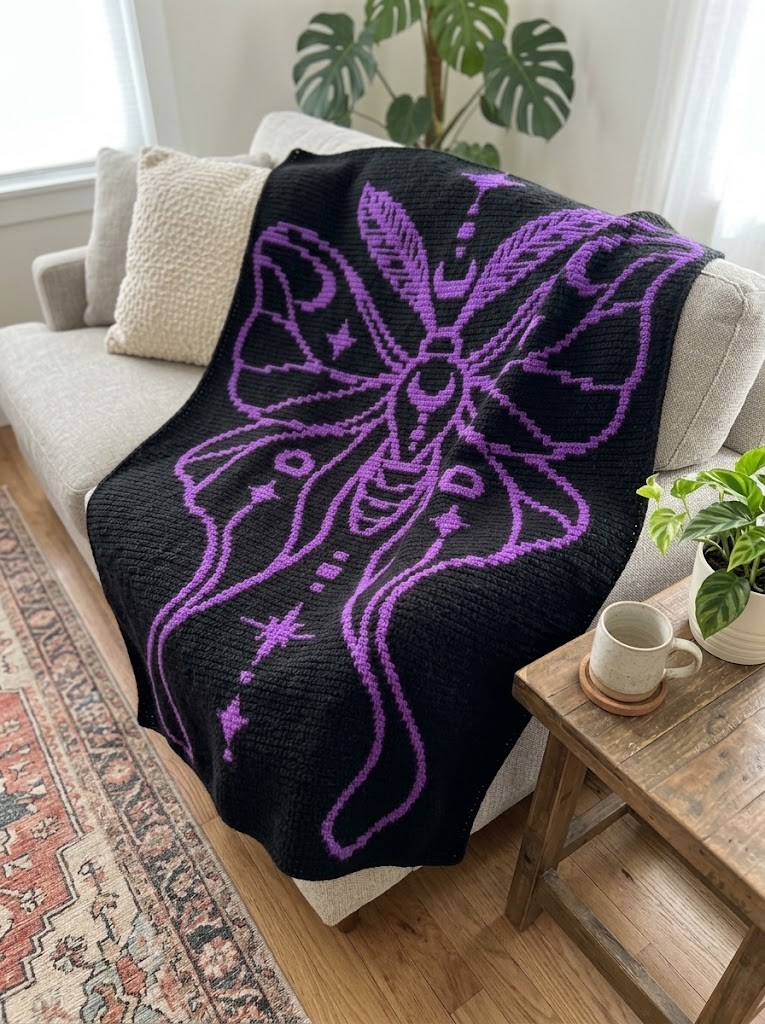 Celestial Moth Overlay Mosaic Crochet Blanket Pattern [Printable PDF + Chart]