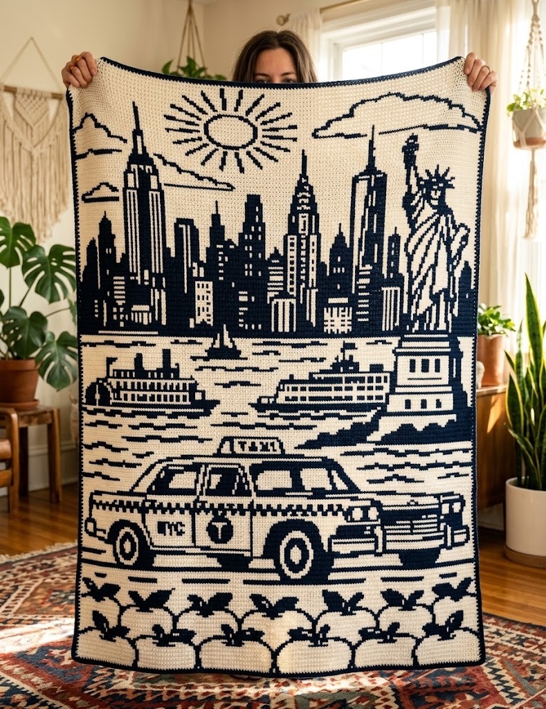 New York City Skyline & Statue of Liberty Overlay Mosaic Crochet Blanket Pattern [Printable PDF + Chart]