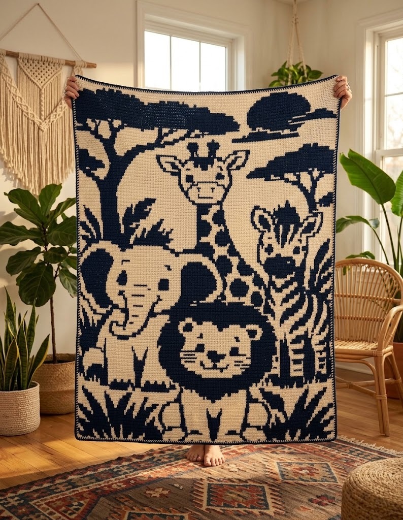 Safari Animals & Savannah Nursery Mosaic Crochet Blanket Pattern [Printable PDF + Chart]