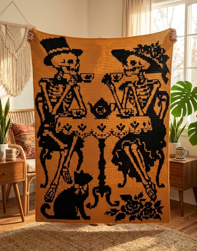 Skeleton Tea Time Gothic Mosaic Crochet Blanket Pattern [Printable PDF + Chart]